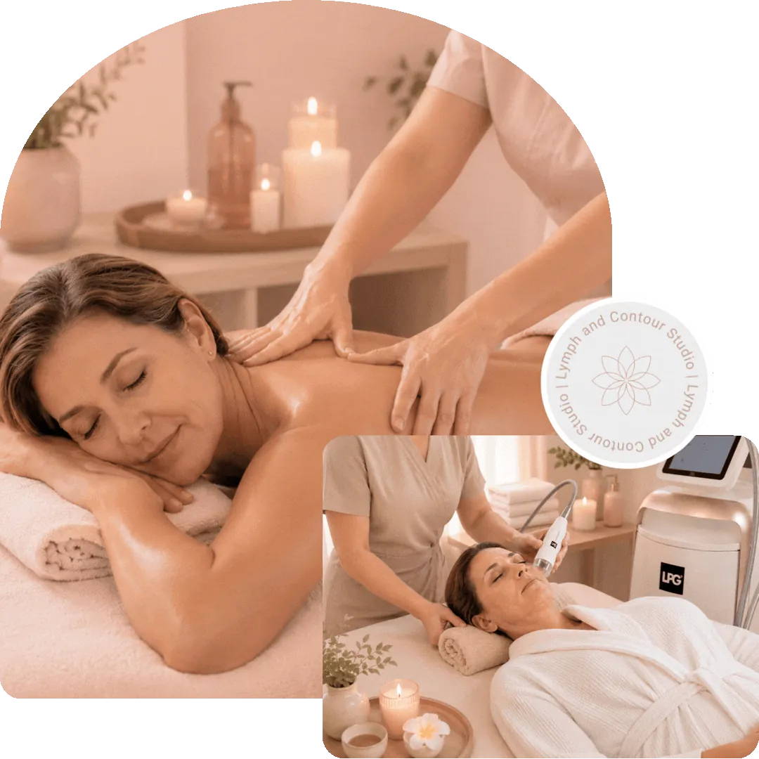 Woman receiving a relaxing back massage alongside an inset photo of a client getting a machine-assisted facial treatment
