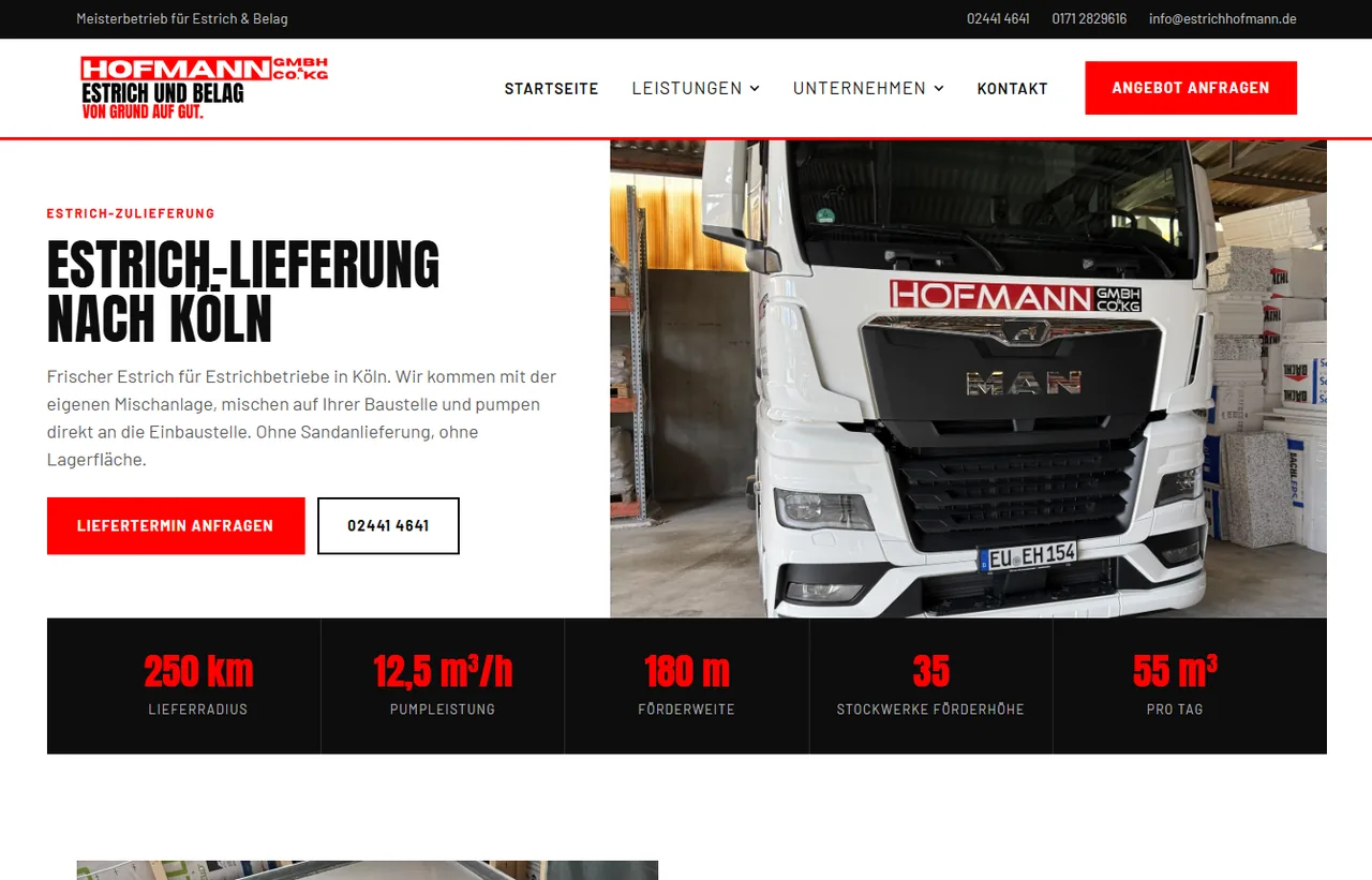 Lieferseite Estrich-Lieferung nach Köln mit Lieferradius, Pumpleistung und Förderweite