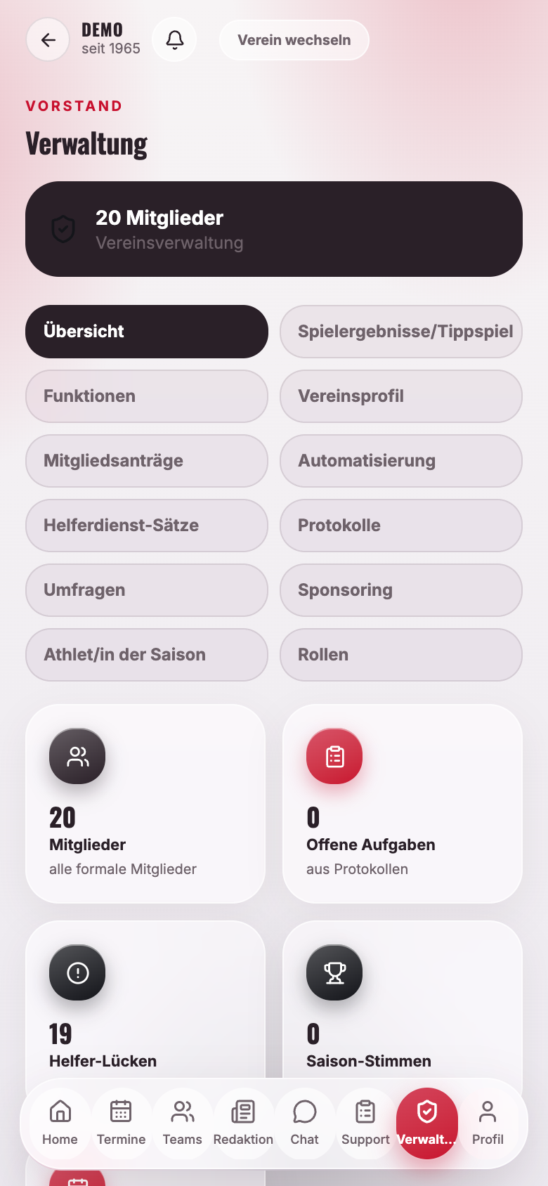 Verwaltungsbereich der App