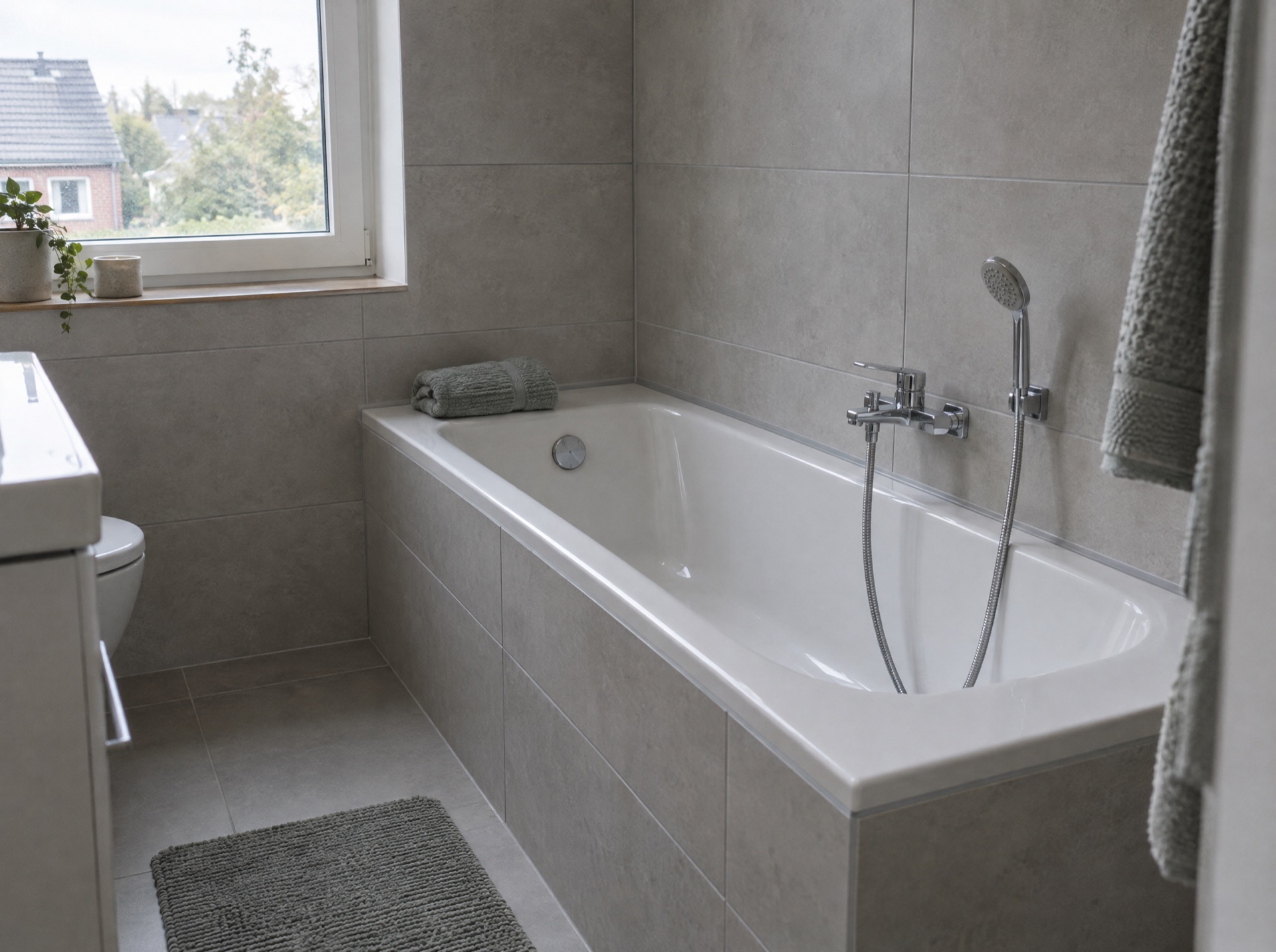 Badewanne mit neuer grauer Silikonfuge