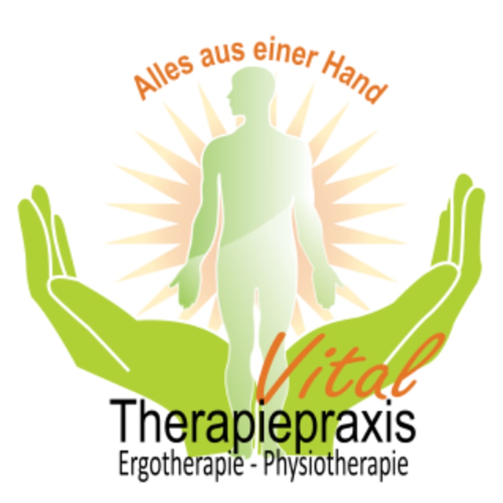 Logo: Grüner Mensch, Sonne, Hände, Text "Alles aus einer Hand", "Vital", "Therapiepraxis", "Ergotherapie - Physiotherapie".