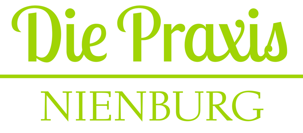 Grüner Text auf dunkelgrünem Hintergrund: „Die Praxis“ über einer Linie und „NIENBURG“ darunter.