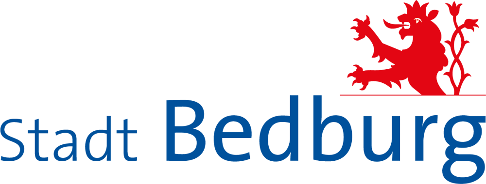 Logo von Lügde: Rote Skyline, blauer Hügel, Schriftzug "Lügde Staatlich anerkannter Erholungsort".