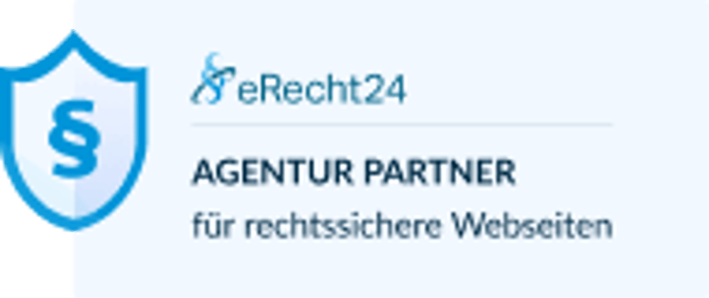 eRecht24 Agentur Partner Siegel für rechtssichere Webseiten mit blauem Paragrafen-Schild.