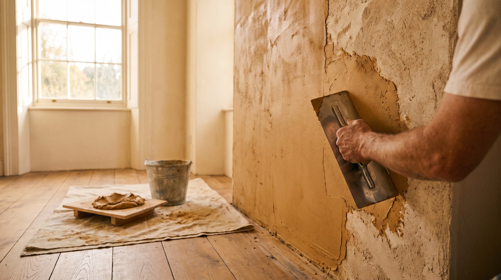 Handwerker zieht Lehmputz mit der Kelle an einer Innenwand auf