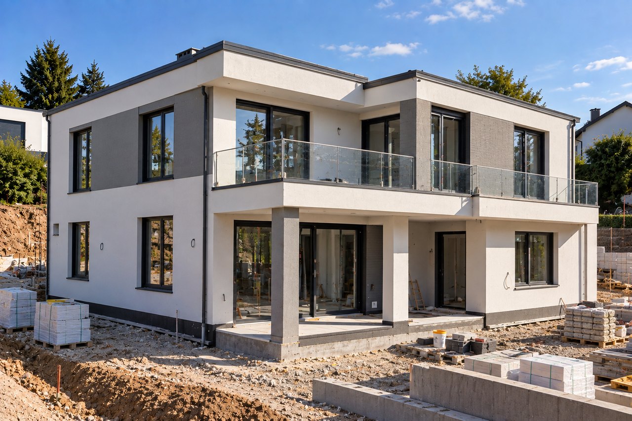 Bauphase 4 – Fassade: verputztes Haus ohne Gerüst, Balkon mit Glasgeländer