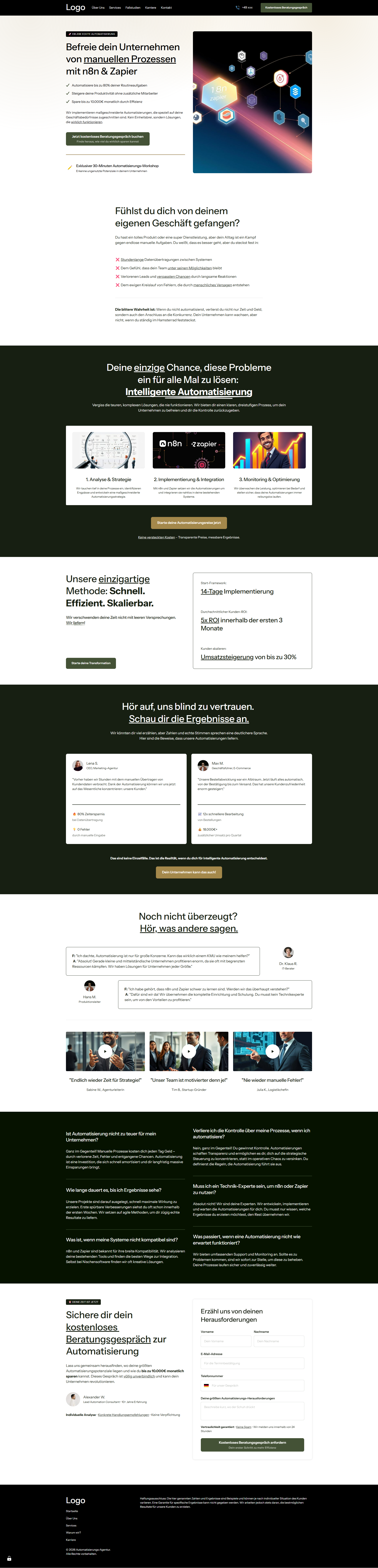 Zu sehen ist die fiktive Webseite einer Automatisierungs-Agentur. Alle gezeigten Inhalte wie Bilder, Personen und Texte haben keinen realen Bezug und sind KI generiert.
