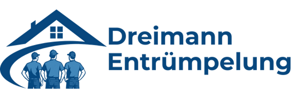 Blaues Logo mit Hausdach, drei Arbeitern und dem Text "Dreimann Entrümpelung".