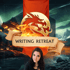 A woman smiles below a banner with a dragon emblem and the text "WRITING RETREAT" over a fantasy landscape.