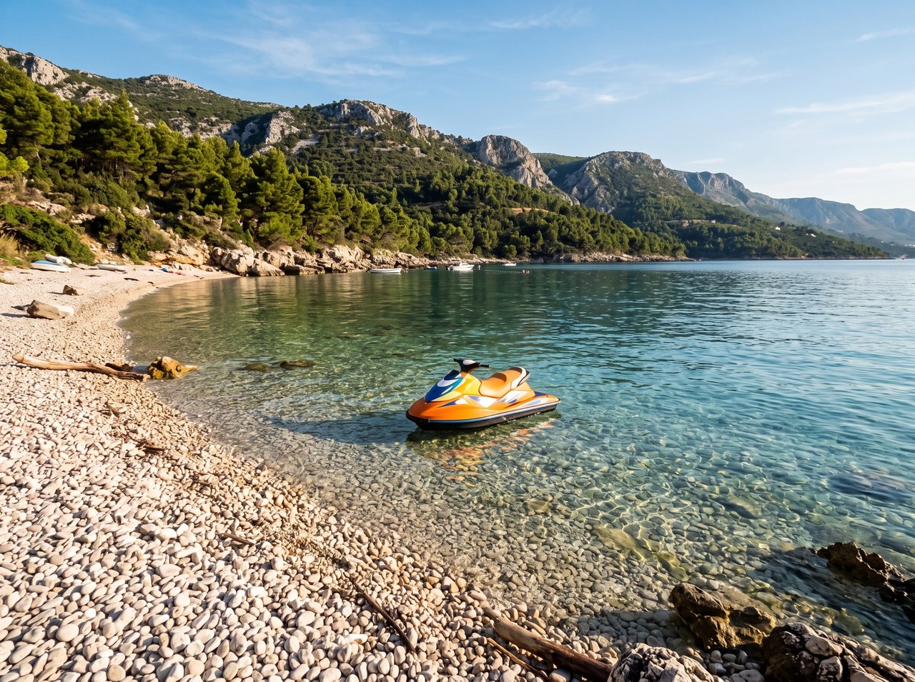 A small electric jetski in shallow clear water at a pebble beach