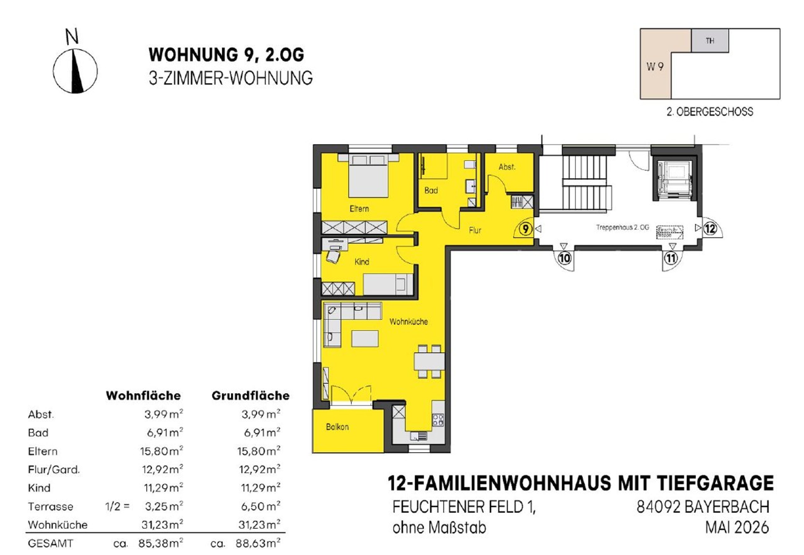 Grundriss Wohnung Nr. 9, 3-Zimmer-Wohnung im 2. Obergeschoss