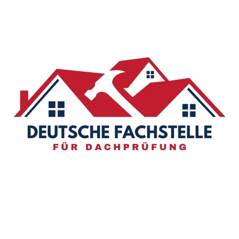 Drei rote Dächer mit weißen Fenstern; Hammer; Text: „DEUTSCHE FACHSTELLE FÜR DACHPRÜFUNG“.