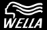 Wella Logo: Weiße Silhouette eines Kopfes mit fließendem Haar über dem Schriftzug "WELLA" auf schwarzem Hintergrund.
