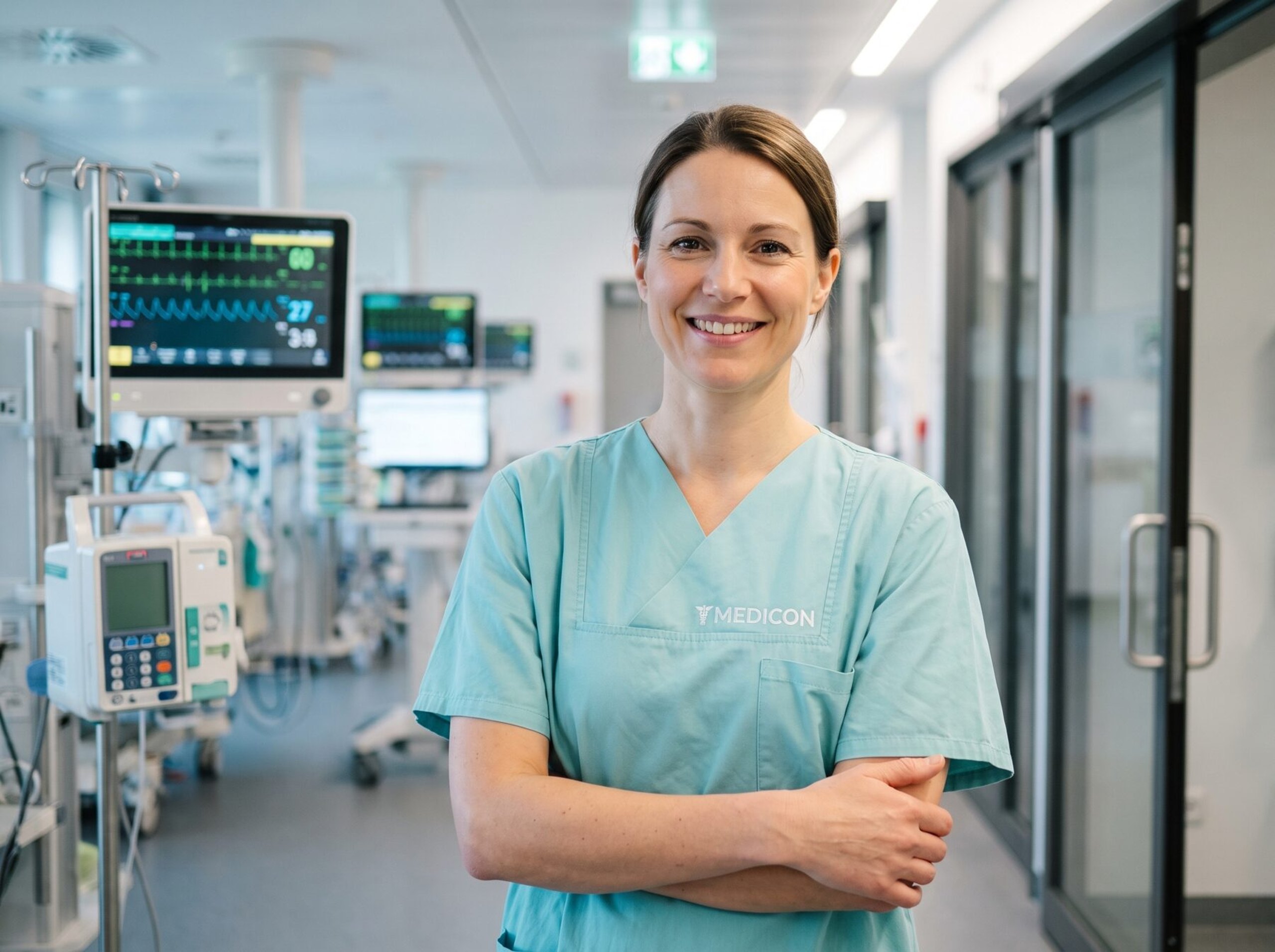 Intensivpflegekraft im Medicon-Kasack auf der Intensivstation