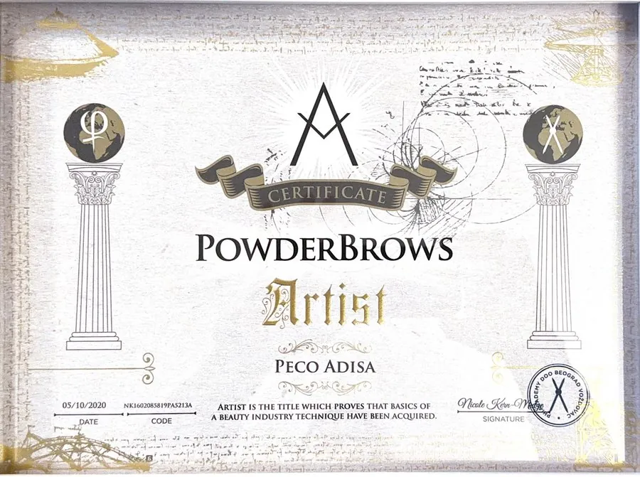 Zertifikat PowderBrows Artist der Phi Academy für Adisa Peco