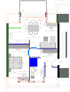 Blaupause eines Wohnungsplans mit Möbeln wie Bett, Sofa, Esstisch und Schreibtisch, mit Maßen.