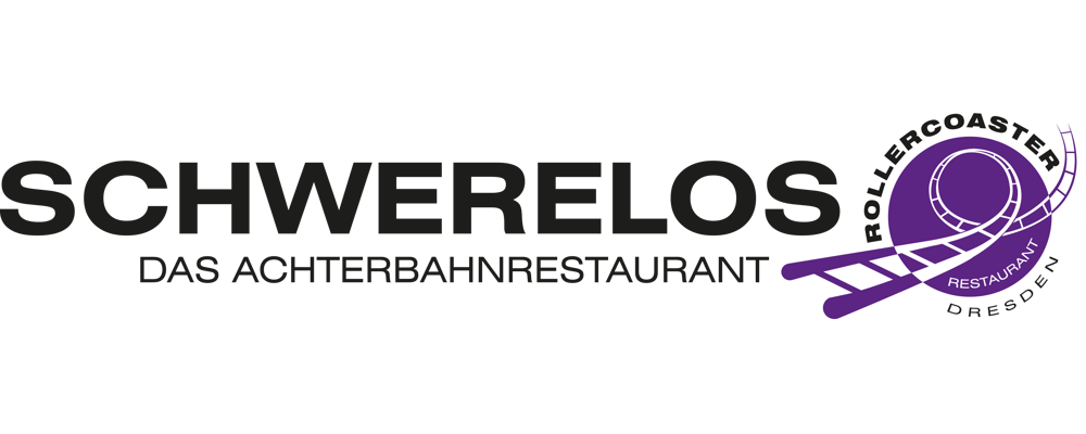 Schwerelos Das Achterbahnrestaurant Logo mit lila Achterbahn-Symbol.