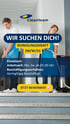 Cleanteam Stellenanzeige für Reinigungskraft (M/W/D) mit Arbeitszeiten, Einsatzort und „JETZT BEWERBEN!“-Button.