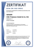 Zertifikat DIN EN ISO 9001 für GEIGER CNC Präzision GmbH & Co. KG, gültig bis 24.09.2025, mit Unterschrift.