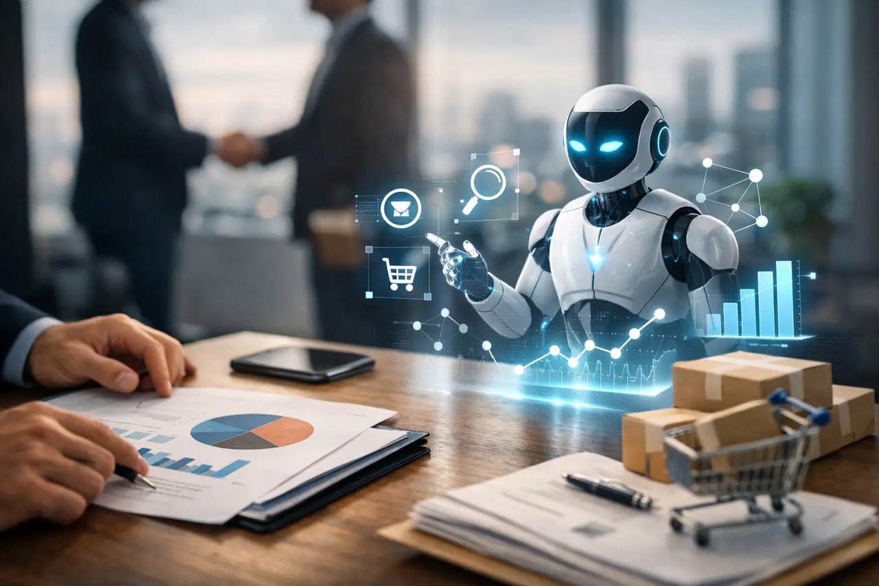 Weißer Roboter präsentiert digitale E-Commerce-Icons und Diagramme über einem Schreibtisch mit Geschäftsdokumenten.