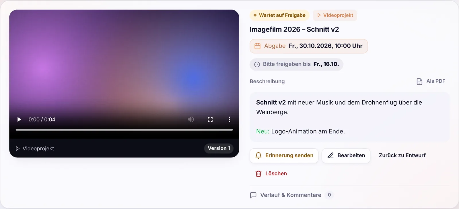 Imagefilm, Reels und Schnitte freigeben