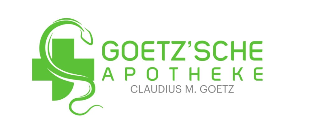 Grünes Kreuz mit Schlange und Text "GOETZ'SCHE APOTHEKE CLAUDIUS M. GOETZ"