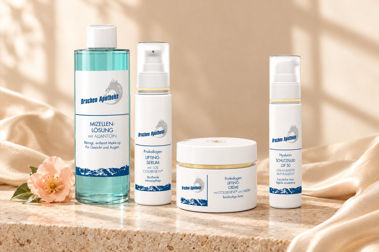 Prokollagen-Routine: Mizellen-Lösung, Lifting-Serum, Lifting-Creme, Schutzfluid (KI-generiert)