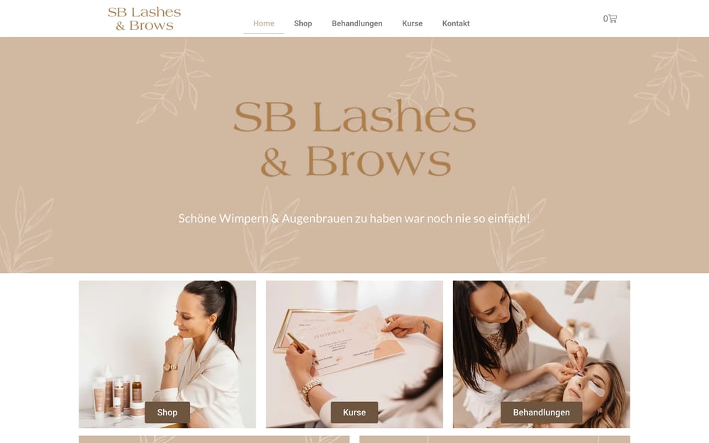 Startseite der Website von SB Lashes & Brows