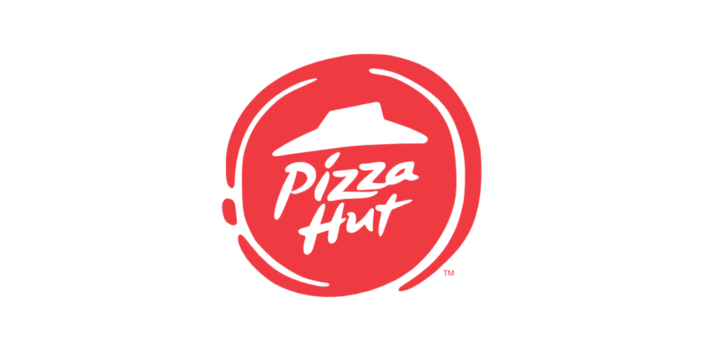 Rotes Pizza Hut Logo mit schwarzem Dach und "Pizza Hut" Schriftzug auf grünem Hintergrund.