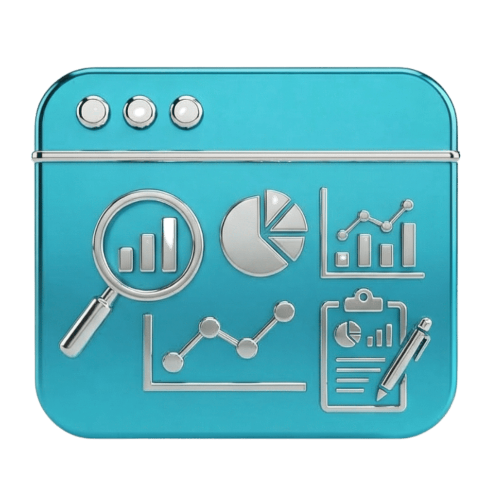 Blaues 3D-Browsersymbol mit HTML-Code, Datenbankstapel, Zahnrädern und Cursor.