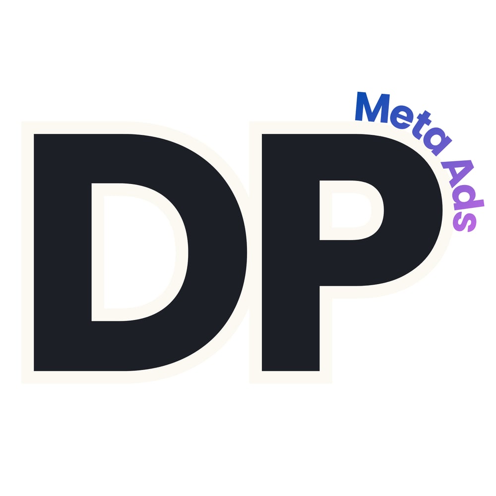 Large black letters DP with the text Meta Ads curved along the right side of the letter P.
