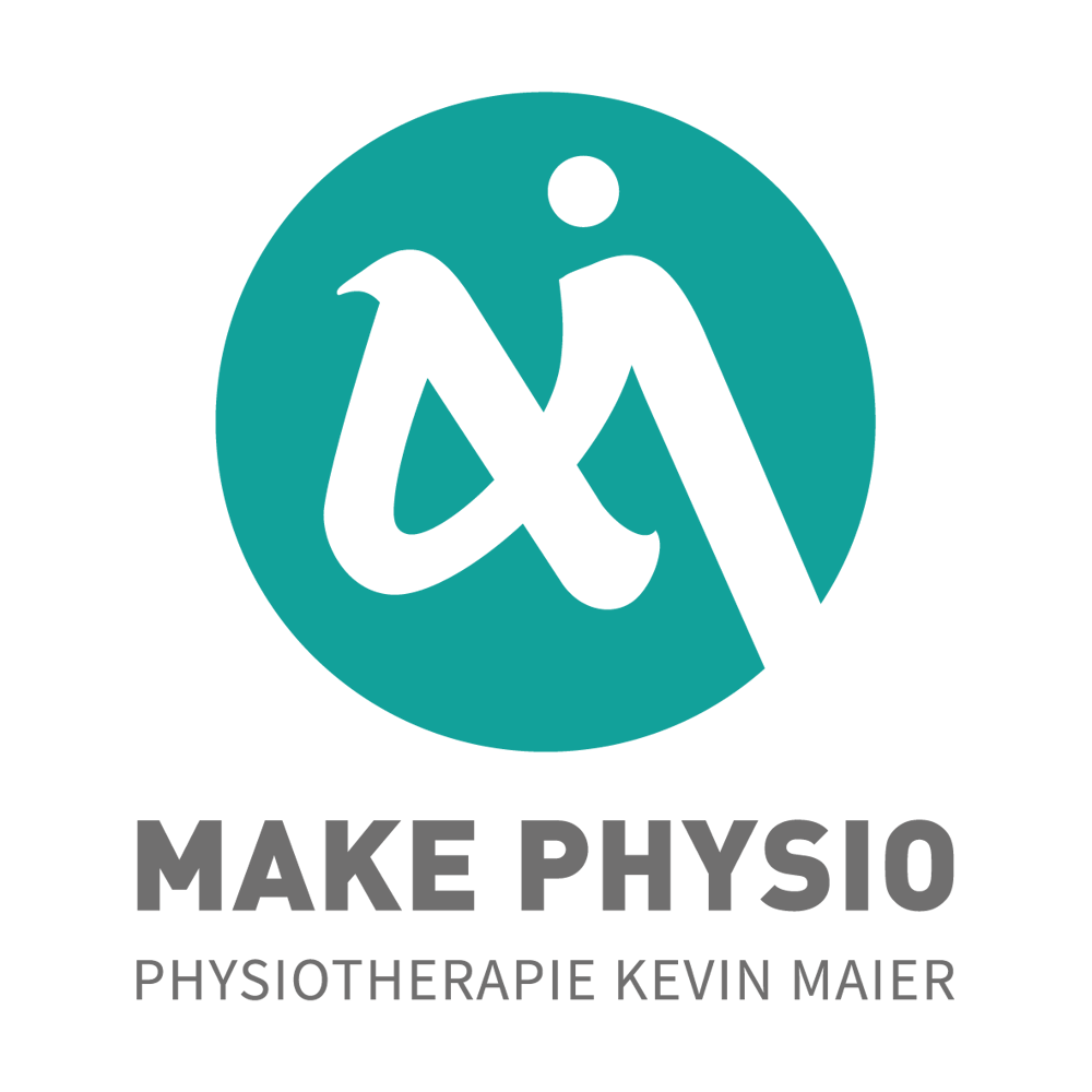 Logo von Make Physio: Türkiser Kreis mit stilisiertem "m" und "i", darunter "MAKE PHYSIO", "Physiotherapie Kevin Maier".