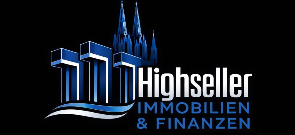 Logo mit blauen Hochhäusern und Häusern über einer Welle, daneben weißer Text: Highseller Immobilien & Finanzen.