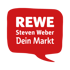 Rotes Sprechblasen-Logo mit weißem Text: REWE, Steven Weber, Dein Markt