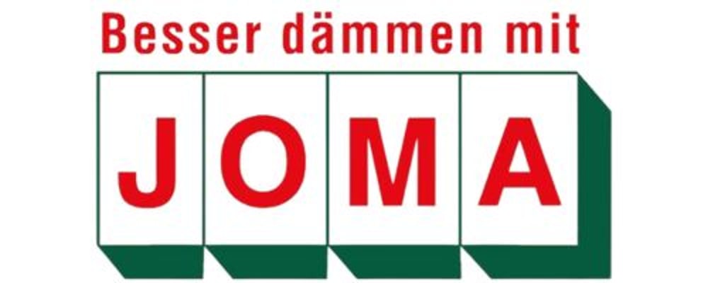 Rotes Logo "Besser dämmen mit JOMA" auf weißem Hintergrund, wobei "JOMA" in grünen Rahmen steht.