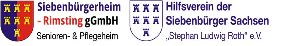 Zwei Wappen und Text: "Siebenbürgerheim -Dienstleistung GmbH Senioren- & Pflegeheim" und "Hilfsverein der Siebenbürger Sachsen Stephan Ludwig Roth e.V."