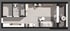 Grundriss einer modernen Wohnung mit Bad, Küche, Wohnbereich und Balkon mit Möbeln.