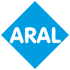 Blaues, rautenförmiges Aral-Logo mit weißer ARAL-Schrift.