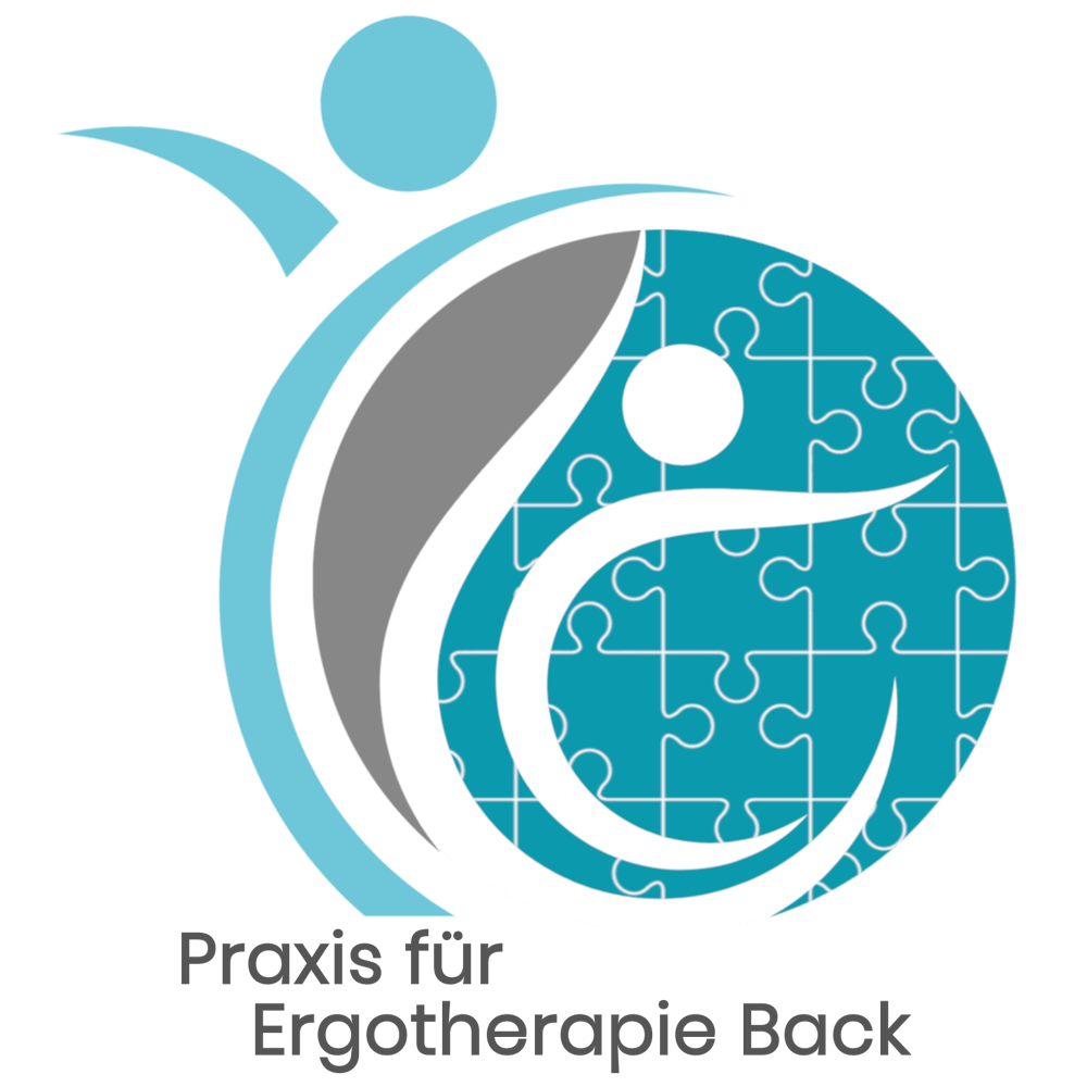 Logo: Stilisierte Person in Blau und Grau, umrahmt von Puzzleteilen. Text: Praxis für Ergotherapie Back.