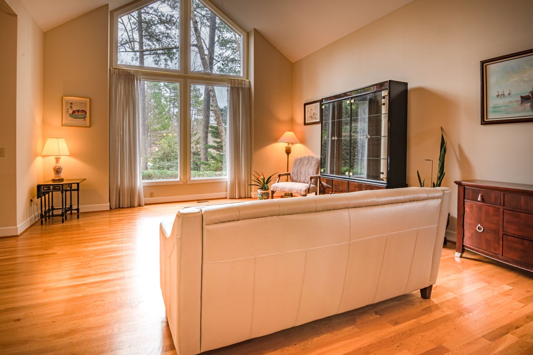 Sunlit living room with a large replacement picture window overlooking the trees