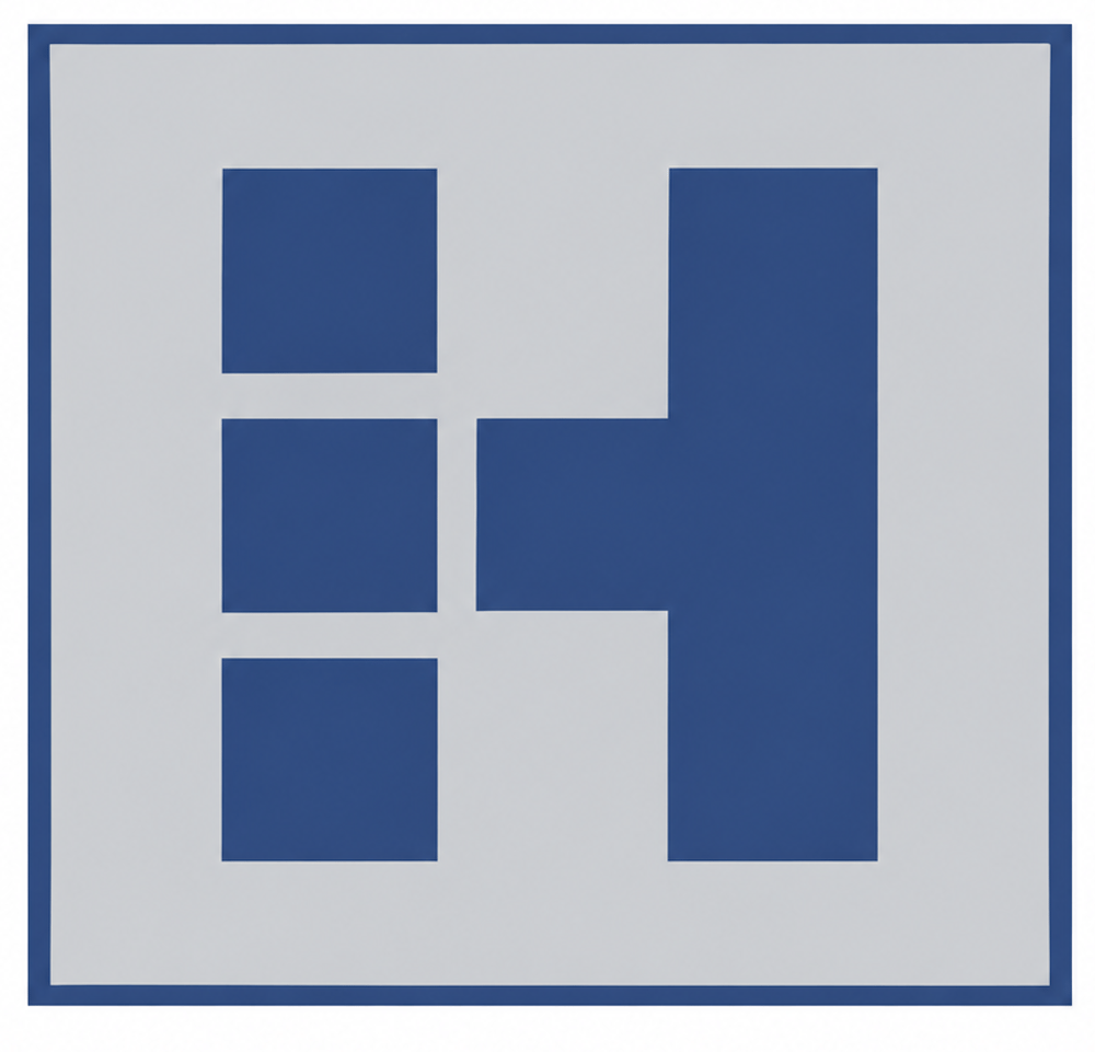 Graues Quadrat mit stilisiertem blauem H-Logo.