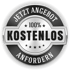 Silbernes Abzeichen mit Text "JETZT ANGEBOT 100% KOSTENLOS ANFORDERN" und fünf Sternen.