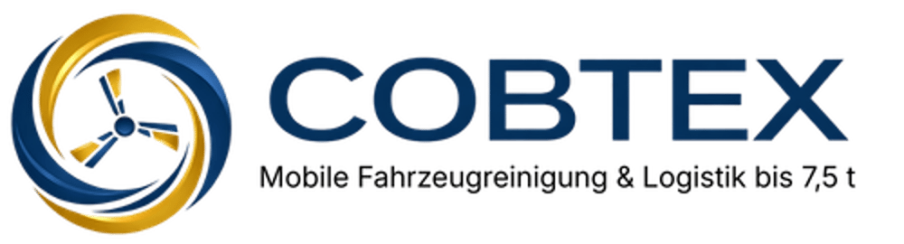 COBTEX Logo mit blau-goldenem Propeller-Symbol und Text "Mobile Fahrzeugreinigung & Logistik bis 7,5 t".