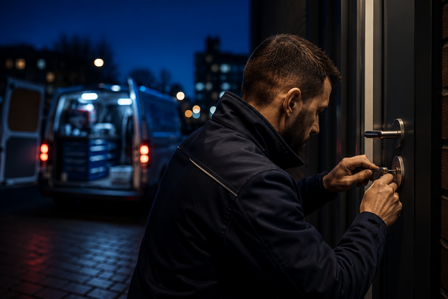 Schlüsseldienst Techniker an moderner Haustür