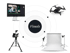Geräte für die Erstellung von visuellen Inhalten umkreisen den Text "Visuals": Monitor, Drohne, Kamera, Fotostudio.