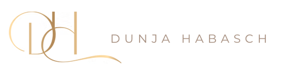 Goldenes Logo mit den verschlungenen Initialen DH und dem Schriftzug Dunja Habasch auf weißem Hintergrund.