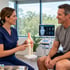 Female doctor points to a knee joint model while explaining pain control