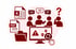 Rote Icons zeigen Teammeeting, PDF- und Excel-Dateien, einen Monitor mit Warnsymbol und eine ratlose Person mit Fragezeichen - Software für Stabsarbeit - Notfall- und Krisenmanager (NKM®).