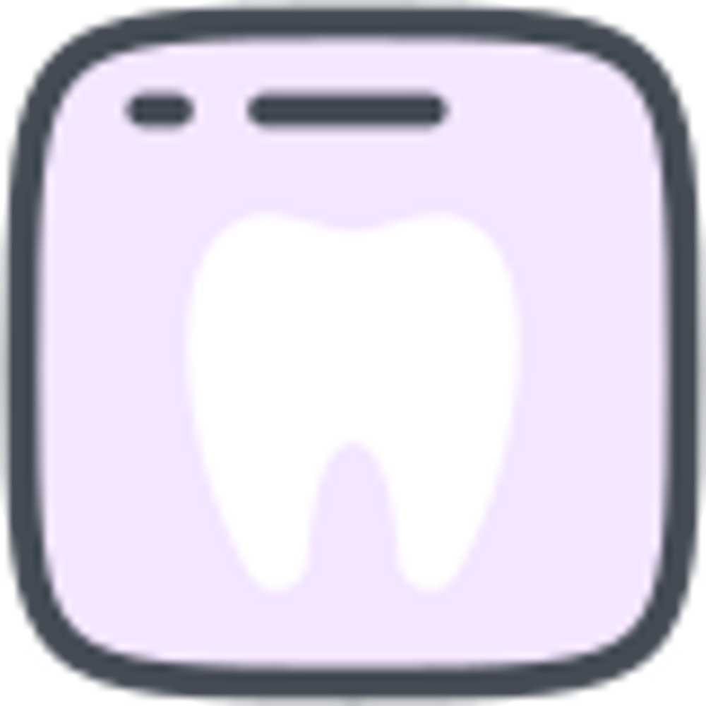 Lila quadratisches Symbol mit weißem Zahn und Browser-Fensterleiste oben.