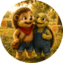 Igel und Schildkröte in Latzhosen umarmen sich auf einer Wiese mit Heuballen und Bäumen im Hintergrund.